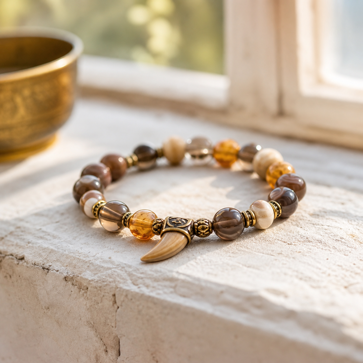 Agate smoky quartz amber and bone tone energy stone bracelet on bright windowsill