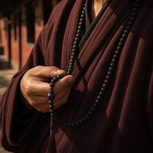Black bodhi mala worn around the neck and held by one hand