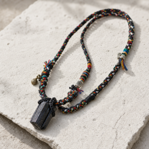 Black tourmaline braided energy stone necklace on pale stone