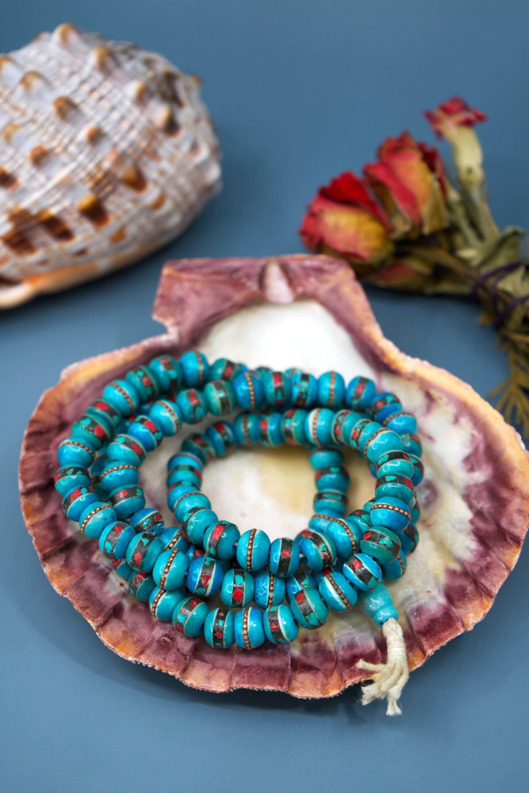 Blue Turquoise Yak Bone Bead Strand