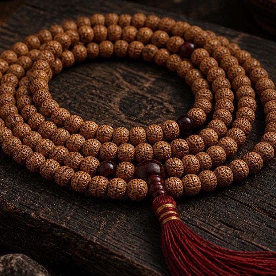 Close detail of Bodhi Seed 108 Mala beads and tassel