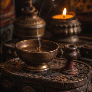 Copper Offering Bowl Incense Set dark Tibetan-inspired product scene