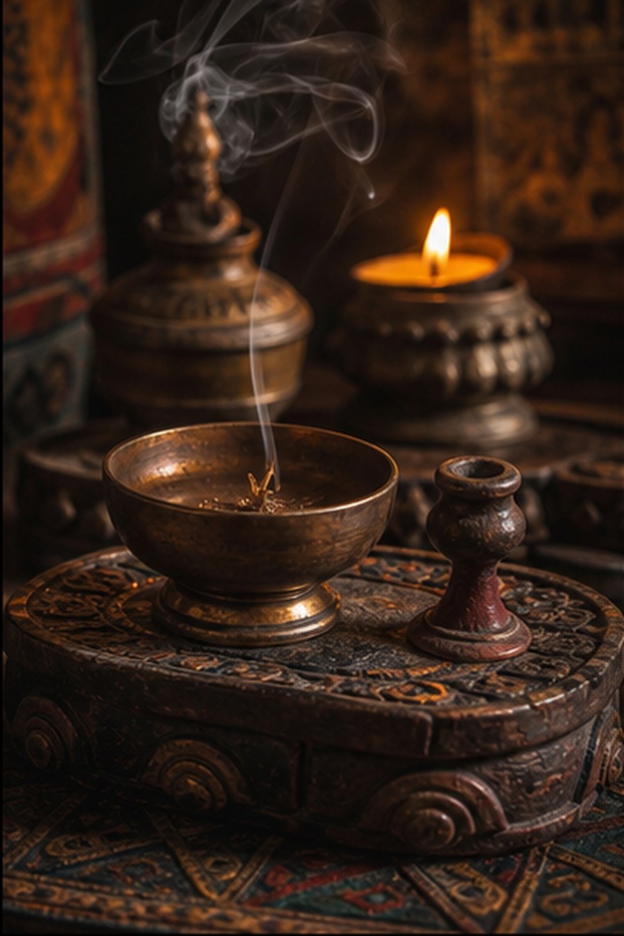 Copper Offering Bowl Incense Set dark Tibetan-inspired product scene
