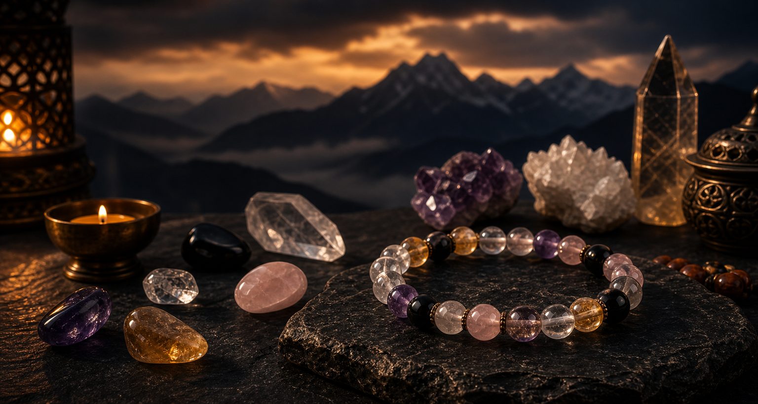 Crystal intention bracelet guide image with dark mystical stones