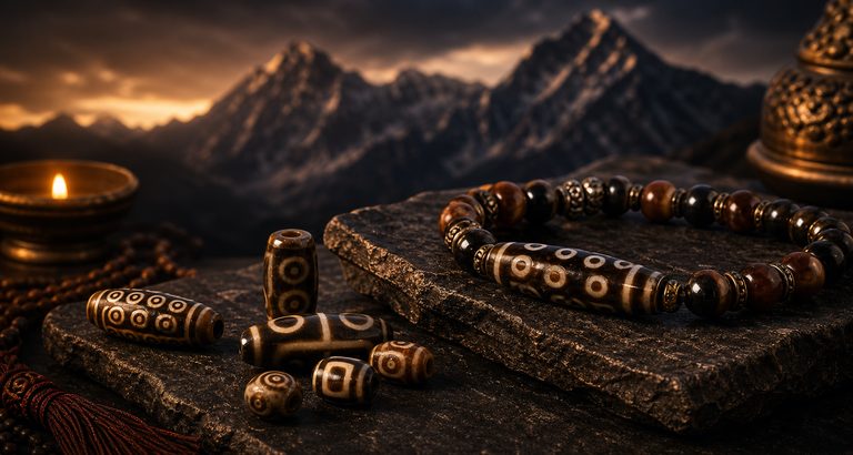 Dzi beads guide image with mountain-inspired spiritual atmosphere