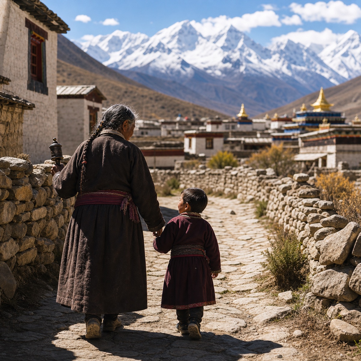 Highland village road with elder and child