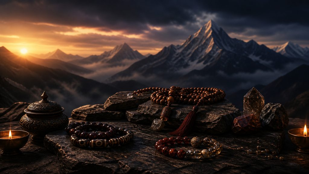 Pilgrim Stone mountain hero image with spiritual jewelry and dark Himalayan mood