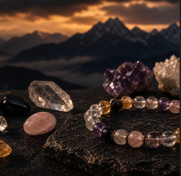 Rose quartz clear quartz and energy stone bracelet on dark mountain ritual table