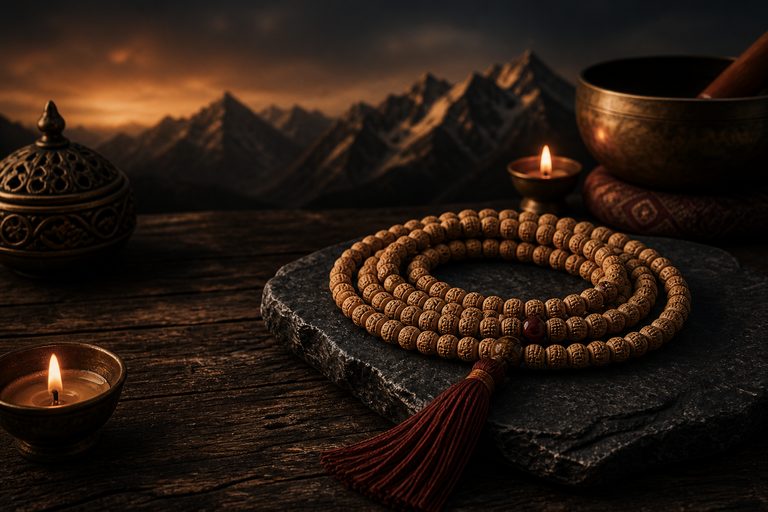 Mala beads guide image with quiet meditation atmosphere