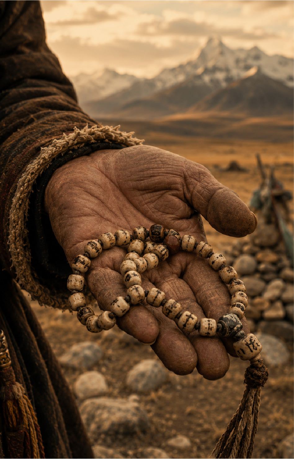 Earth toned mala beads in an artisan hand