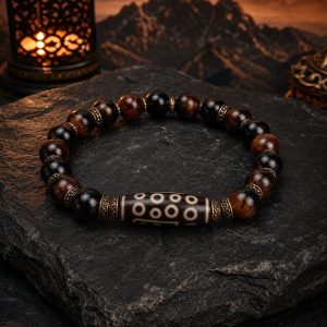 Mountain Guardian Nine-Eye Dzi Bracelet on a dark ritual surface