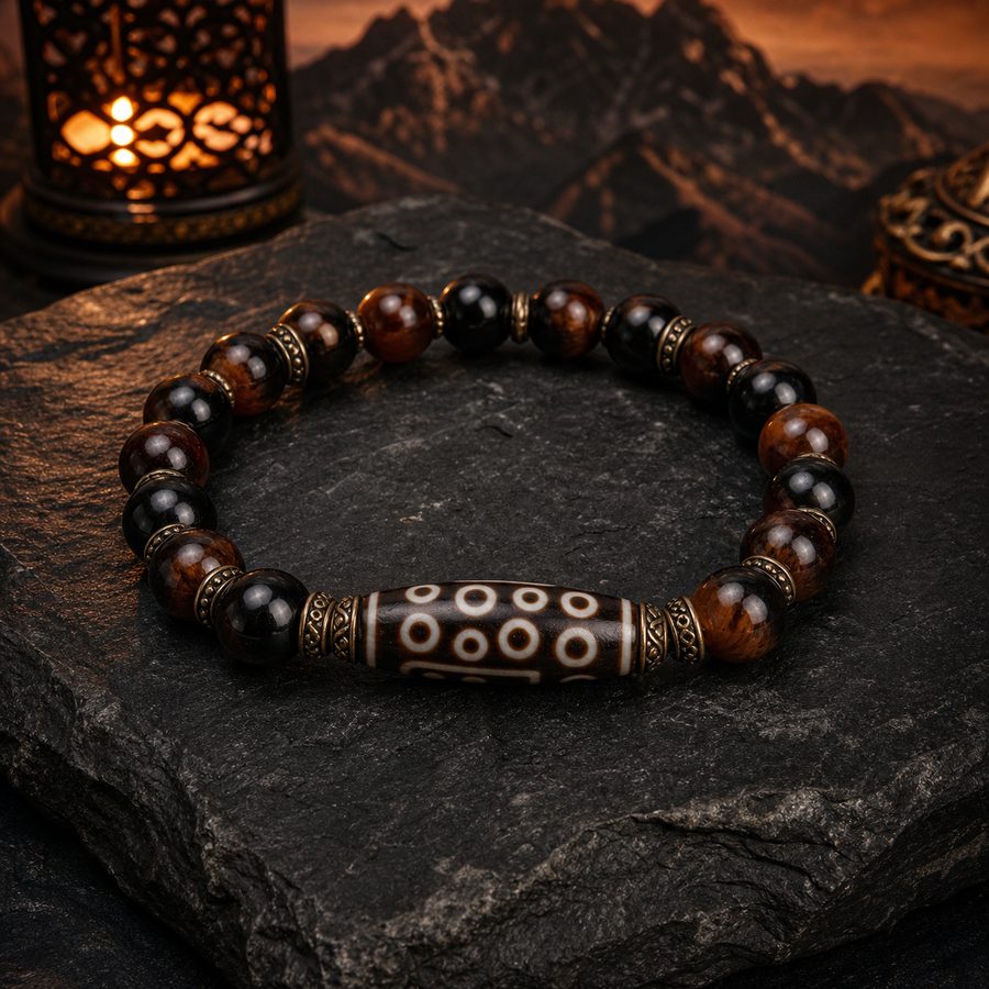 Mountain Guardian Nine-Eye Dzi Bracelet on a dark ritual surface