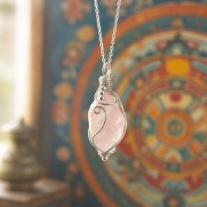 Rose quartz wire wrapped energy stone pendant with mandala background
