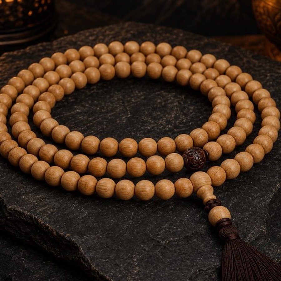 Close detail of Sandalwood Mountain Breath Mala bead grain