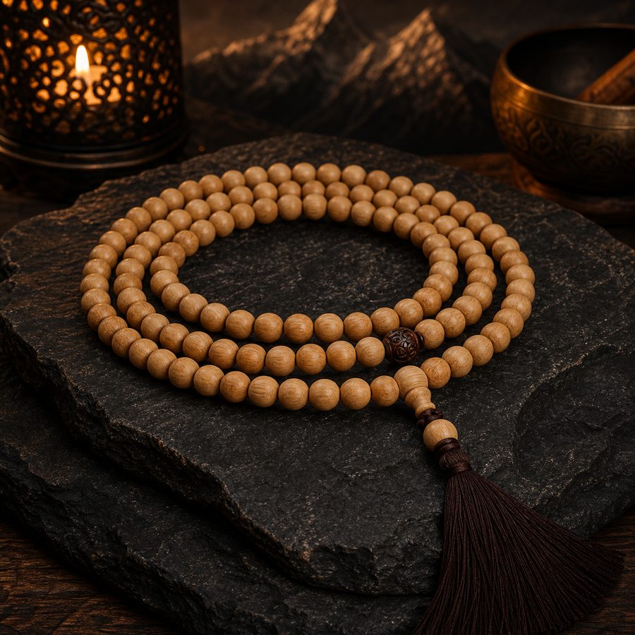 Sandalwood Mountain Breath Mala with soft ritual texture
