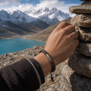 Braided protection cord worn while a hand touches a stone cairn