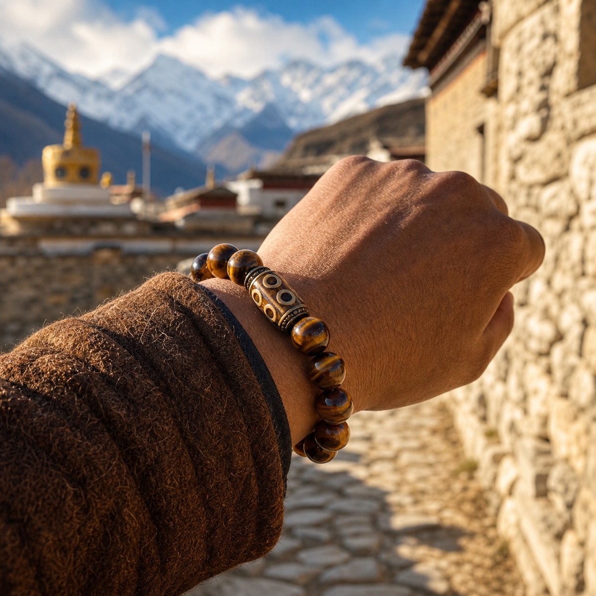 Golden tiger eye bracelet worn on a wrist in highland morning light