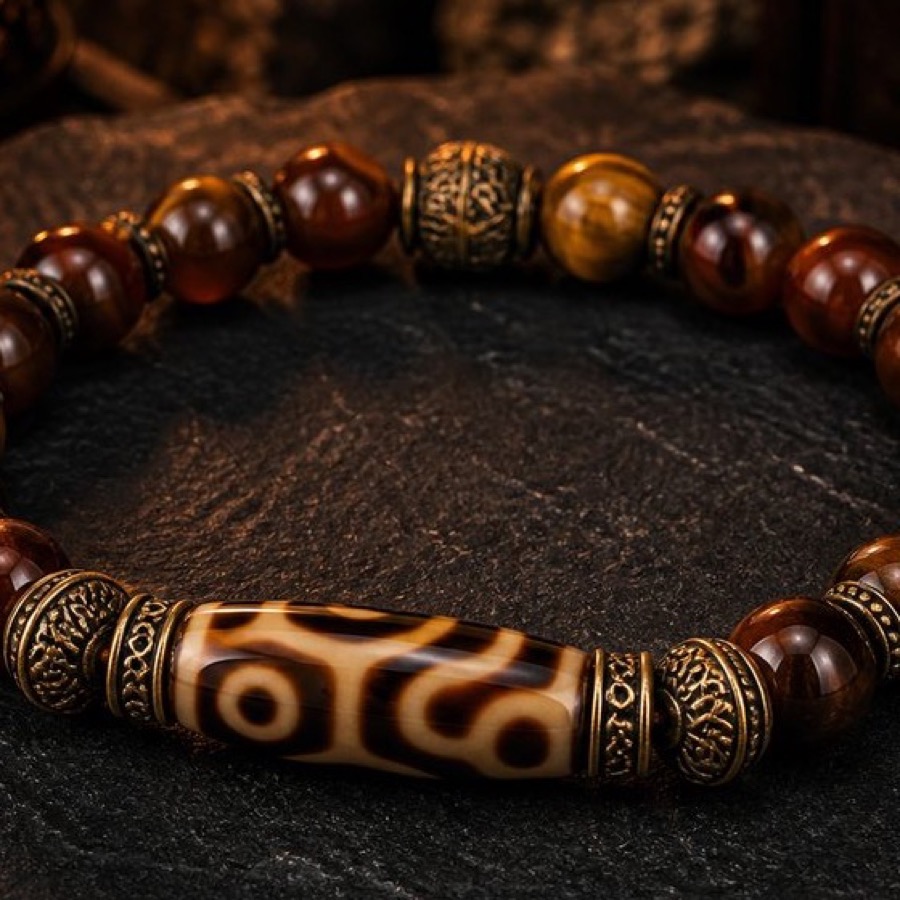 Tiger tooth Dzi bracelet detail