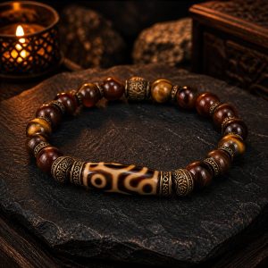Tiger Tooth Dzi Courage Bracelet with warm mountain light