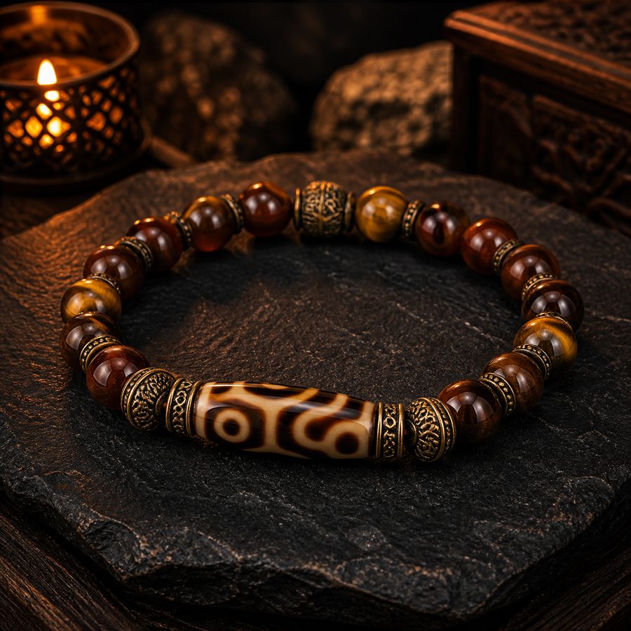 Tiger Tooth Dzi Courage Bracelet with warm mountain light