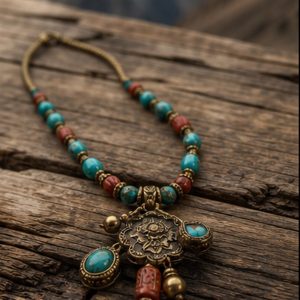 Turquoise Coral Mountain Charm Necklace dark Tibetan-inspired product scene