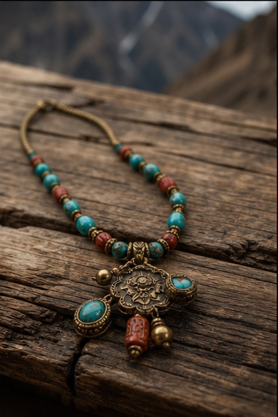 Turquoise Coral Mountain Charm Necklace dark Tibetan-inspired product scene