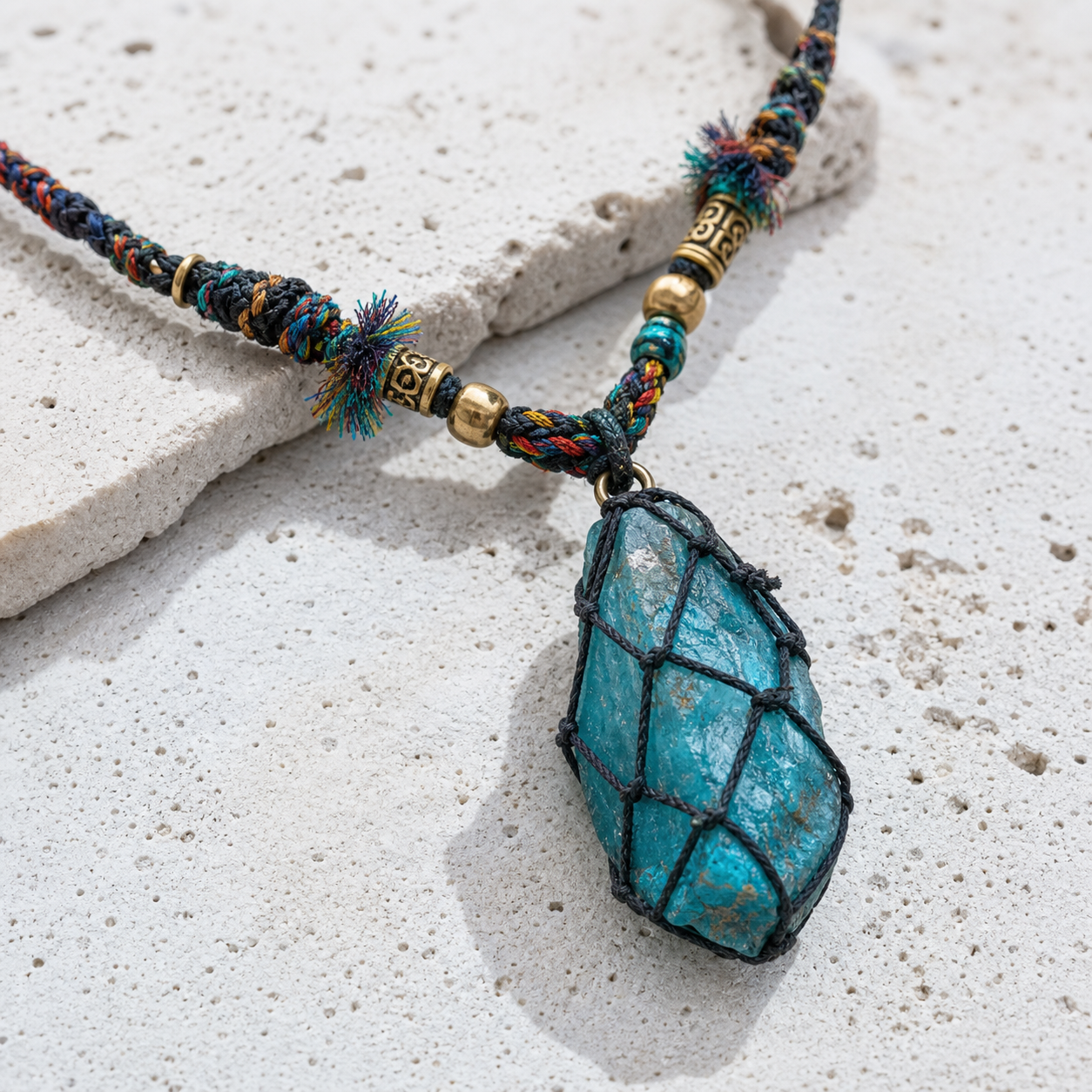 Raw turquoise crystal braided energy necklace with brass beads on pale stone
